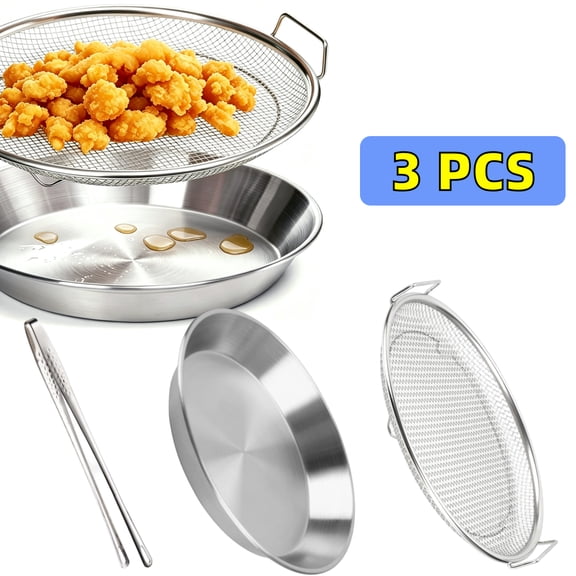 10.3" Kitchen Oil Filter Tray with 9.5"Tweezers, Stainless Steel Air Fryer Mesh Pan, Cooking Net Strainer Colander for Fried Food, Dishwasher Safe