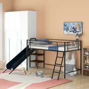 Twin Metal Low Loft Bed with Slide and Storage, Black