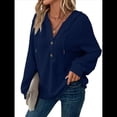thumbnail image 3 of Sudadera con Capucha de Larga de Punto Gofre para Mujer, con Cordón, Botones, Cuello en V, Informal, con Capucha. Azul Marino L, 3 of 9