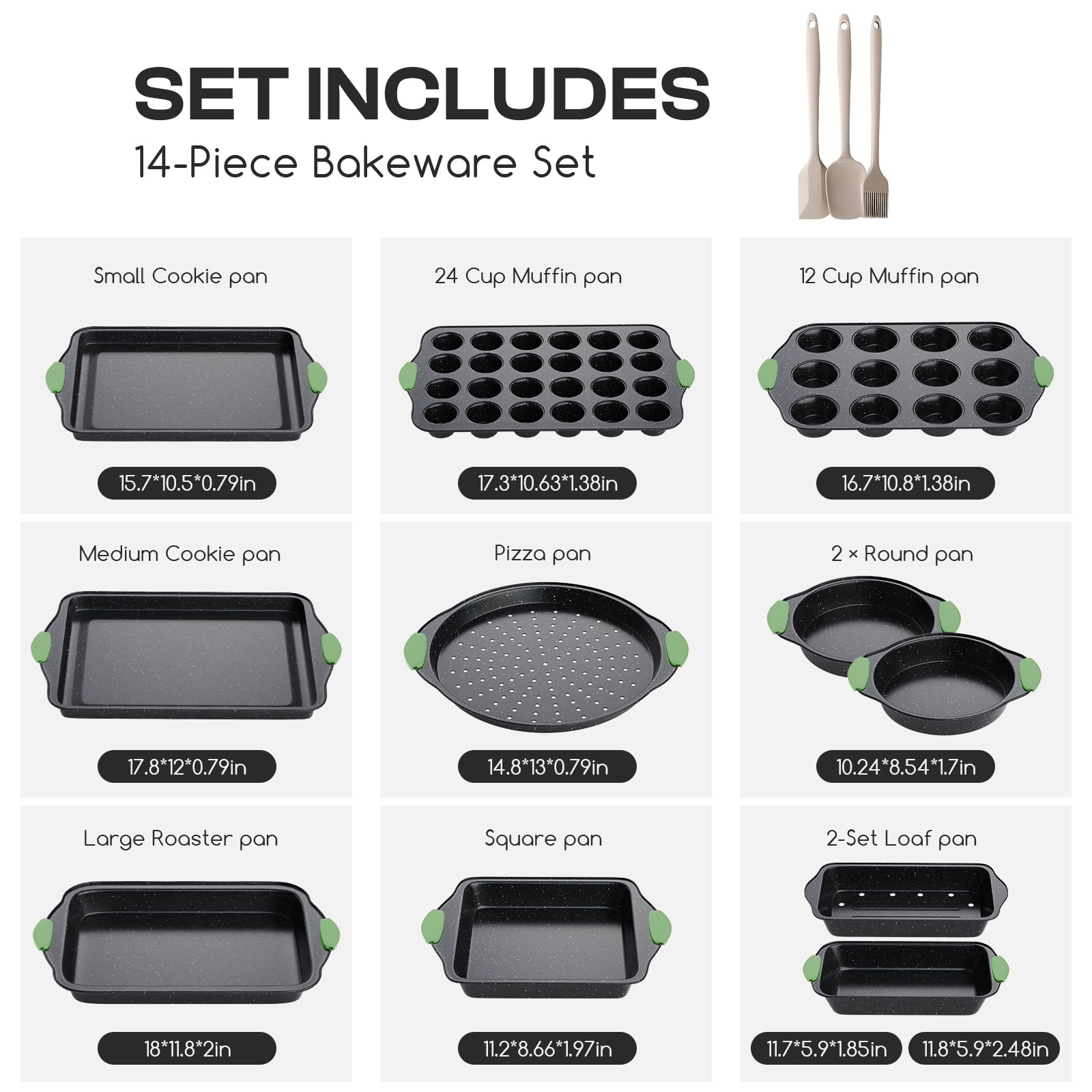 Slow Slog Nonstick Bakeware Set, 14-Piece Baking Pans Set, Stackable Baking Sheet Pans with Silicone Handles,Green&Black
