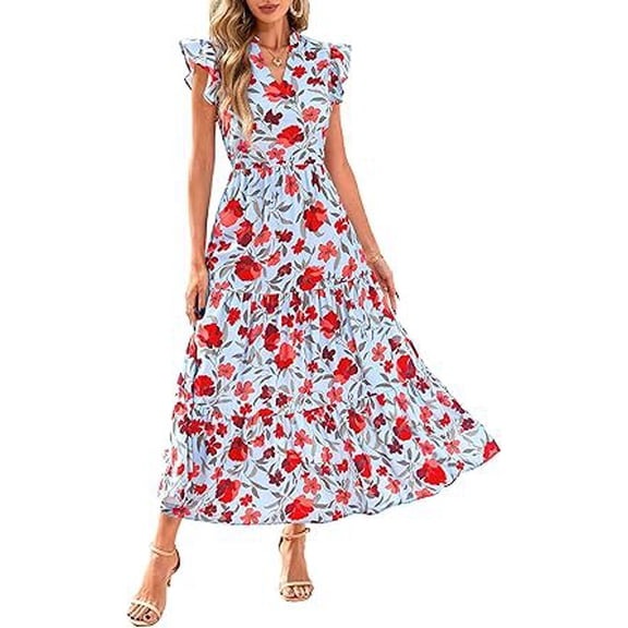 Summer Flowy Maxi Dress Women's 2026 Summer Floral Midi Dress Cap Sleeve V Neck Ruffle Long Flowy Boho Casual Beach Vacation Dresses