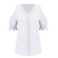 thumbnail image 4 of Craaazy Womens T Shirts Lace V Neck 3/4 Sleeve Solid Color Blouse Lace Patchwork Cold Shoulder Shirt Top Gifts For Women, 4 of 6