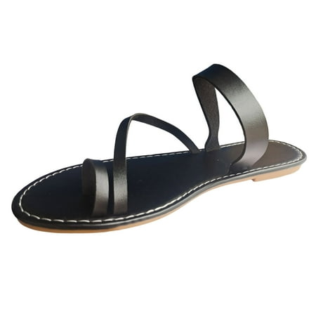 

ZTTD Ladies Simple Solid Colour Thin Straps Round Head Set Toe Soft Bottom Outside Wear Casual Large Size Flat Bottom Slippers Sandals Black