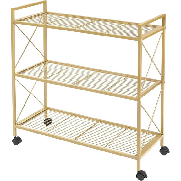 3-Tier Metal Storage Rack with Wheels, Mesh Shelving Unit with X Side Frames, 31.5-Inch Width, for Entryway, Kitchen, Living Room, Bathroom, Industrial Style, Metallic Gold UBSC183A01