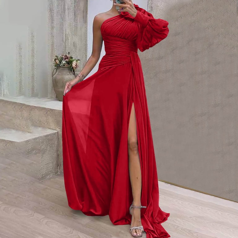 Women's One Shoulder Bridesmaid Dresses for Wedding Long Ruched A Line  Formal Party Dresses with Slit Elegant Long Sleeve Evening Gown Bodycon  Cocktail Dress - Walmart.com