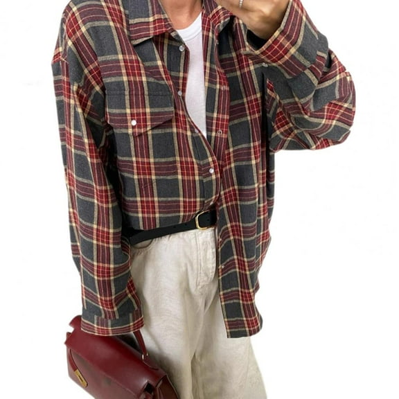 Comfortable Casual Shirt Women Plaid Shirt Autumn Plaid Print Lapel Shirt Loose Fit Single Breasted Women's Top with Patch (Red,S)