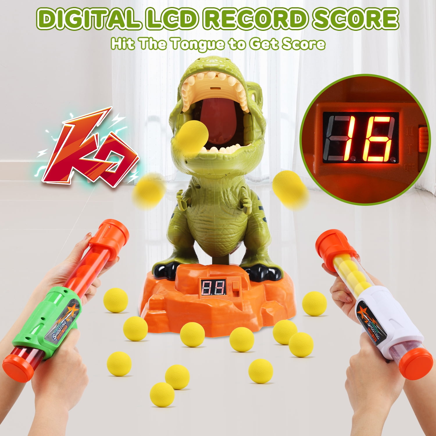 JoyStone Moveable Dinosaur Shooting Game Toy for Kids, Shooting Target with 2 Pump Blasters, 36 Foam Balls and LCD Score Record