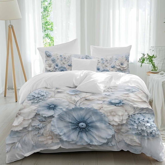 Duvet Cover Twin Size 3 Piece Bedding Set, Blue Flower Classic Floral Soft Breathable Comforter Cover with 2 Pillow Shams, Watercolor Hydrangea Luxury Duvet Covers with Zipper Closure
