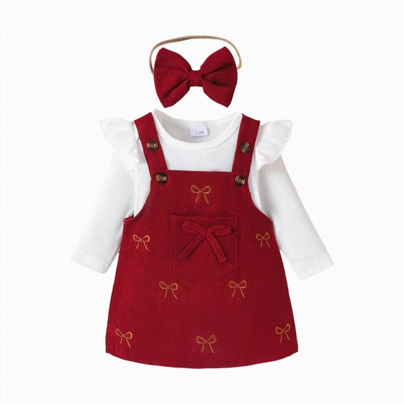 Splozh Baby Clothes for Girls Fashion Baby Girl Outfit Fall Bow Tie Strap Dress with Long Sleeve Bodysuit 3 Pieces Outfits,Wine,1-3 Months
