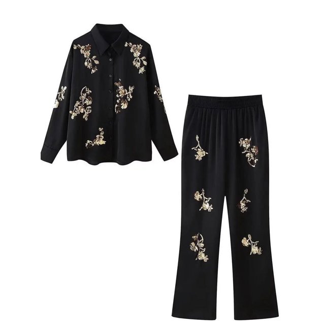 Ensemble Chemise à Sequins Décontractée pour Femmes Chic Col à Revers Manches Longues Pantalon Taille Élastique Ensemble de Printemps