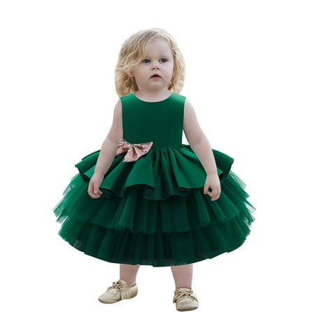 

safuny Girls s Party Gown Birthday Dress Clearance Solid Bowknot Vintage Holiday Sleeveless Lovely Comfy Fit Princess Dress Round Neck Tiered Mesh Ruffle Hem Green 0-4Y