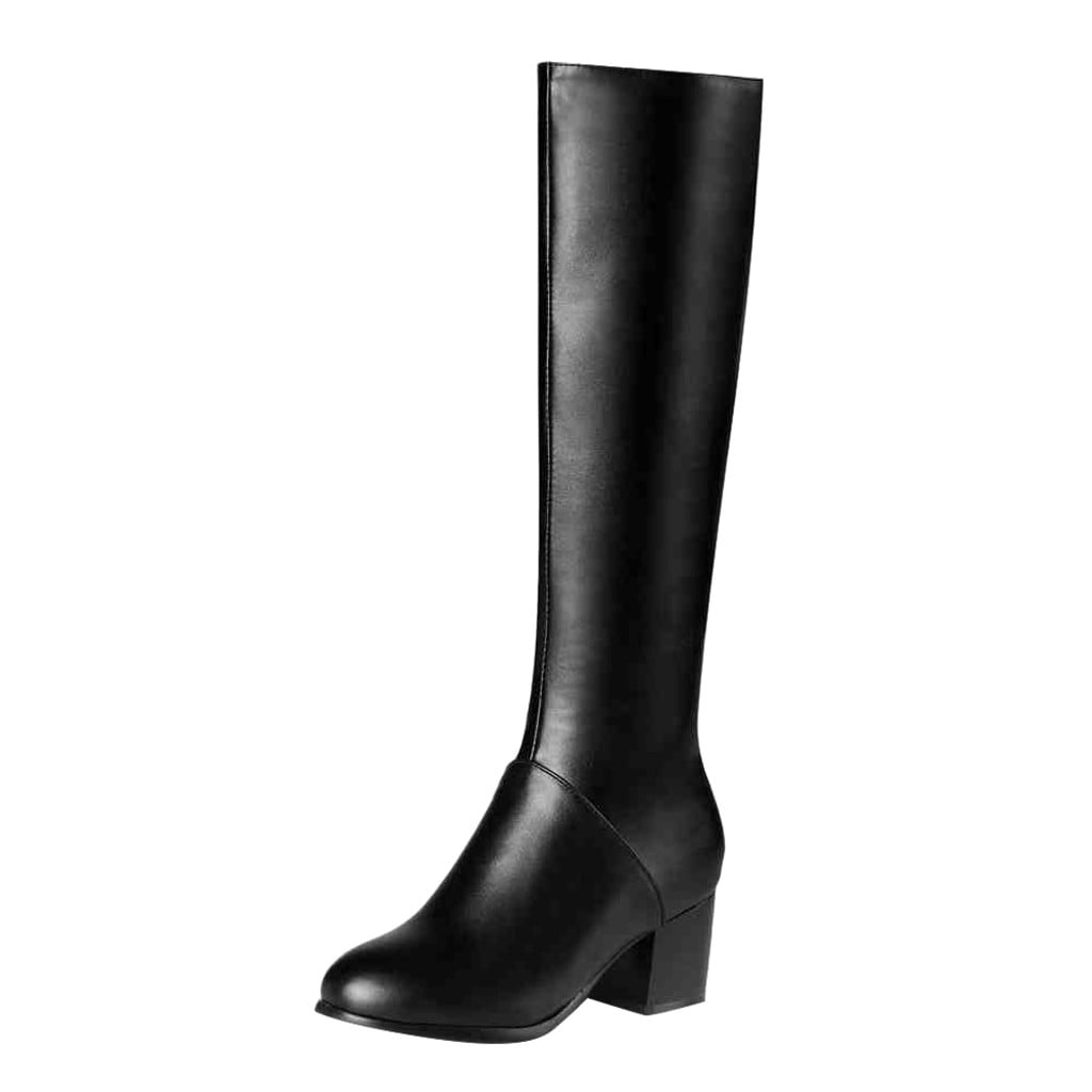 Jovati Womens Winter Warm Boots Side Zip Round Toe Square High Heels Knee High Booties Black
