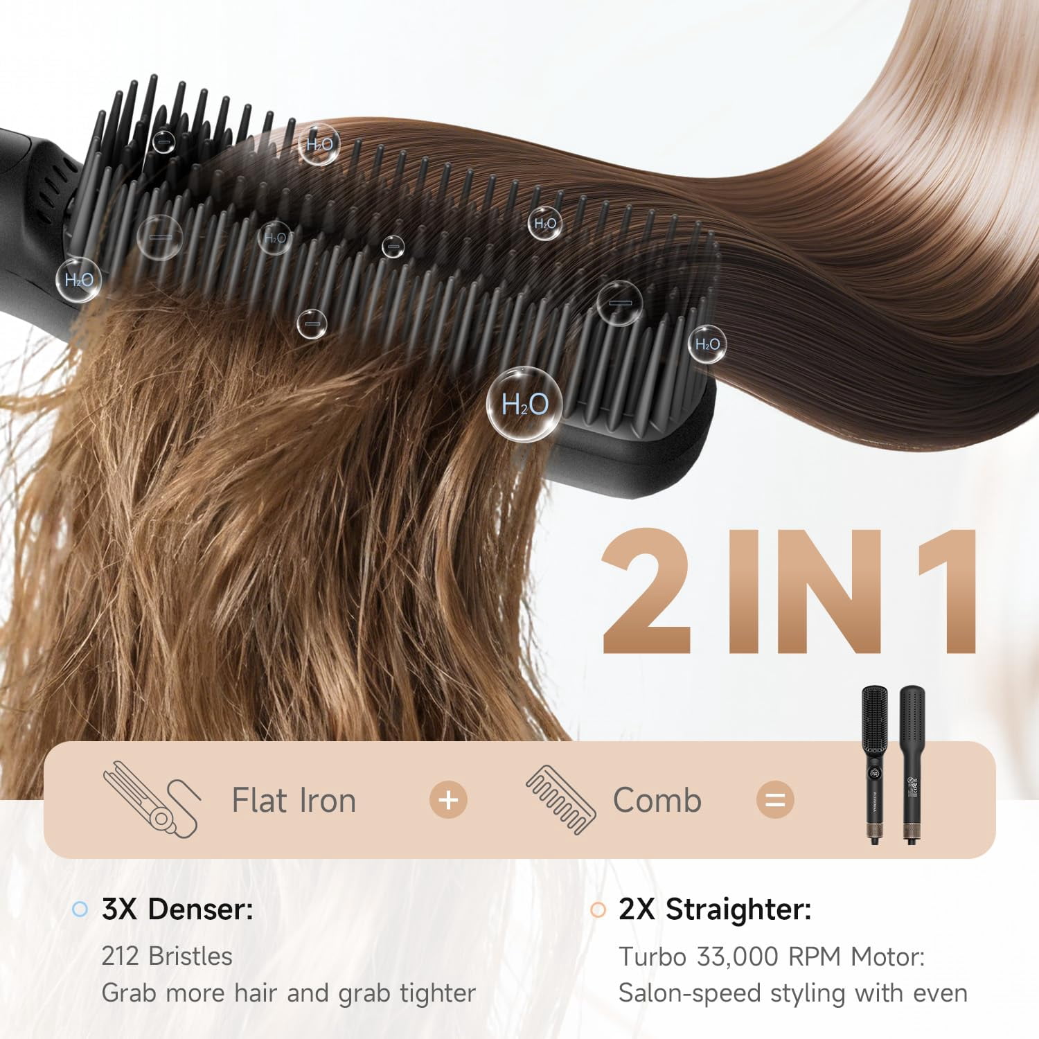 FLYZEMAA Hair Straightener Brush 2 in 1 Straightening Brush for Women with 7 Temps, Dense Bristles Anti-Scald Hot Comb for Thick Curly Hair Negative Ions, Dual Voltage, LCD Display(Black)