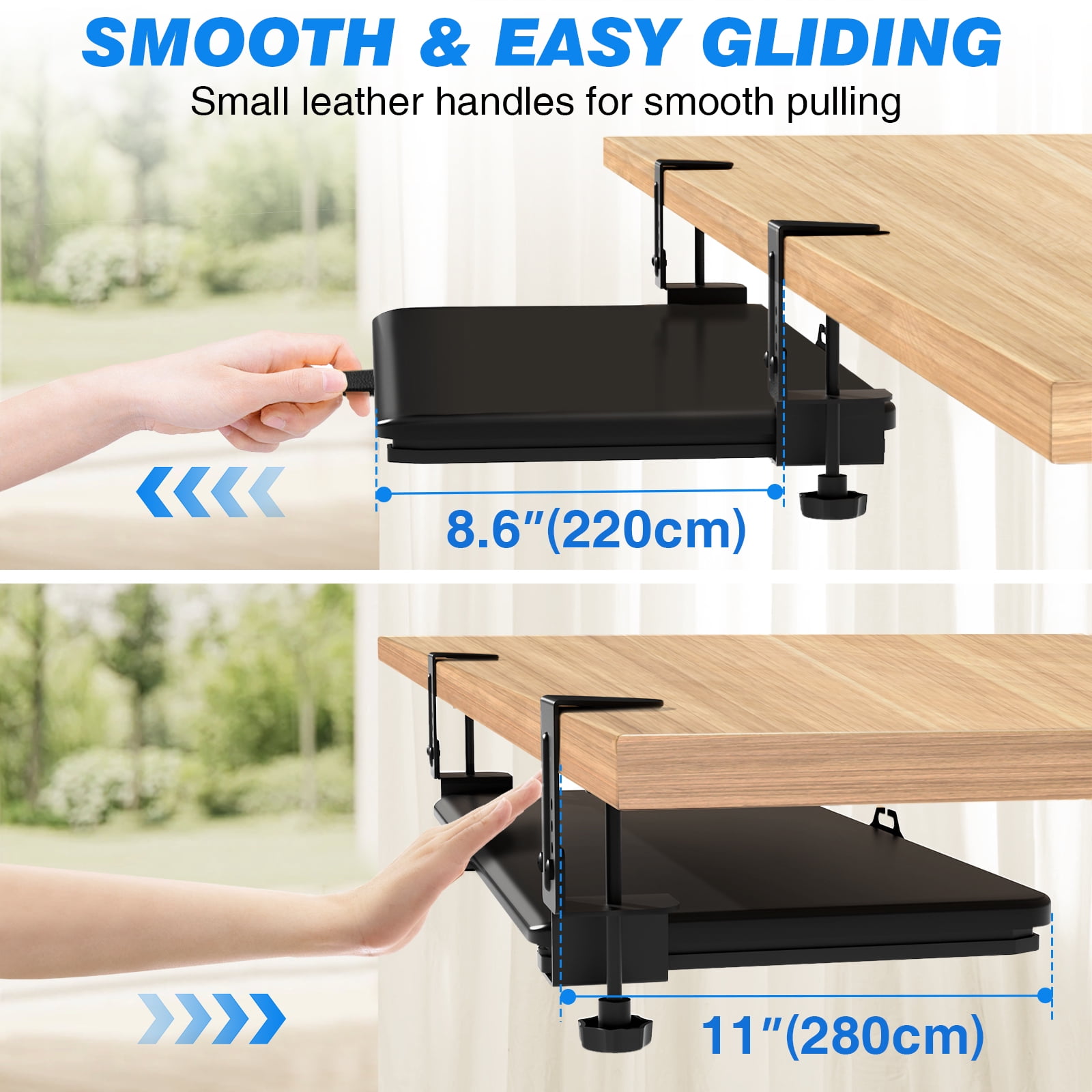 Under Desk Keyboard Tray, 25.6" Extendable Keyboard Tray with 4-Level Height Adjustment, Clamp-On Keyboard Drawer with Cable Management, Holds up to 11 LBS, Black