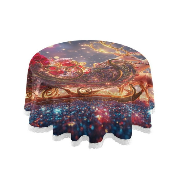 YAZAOO Round Tablecloth Decorative Sleigh with Reindeer Pattern Tableclothes