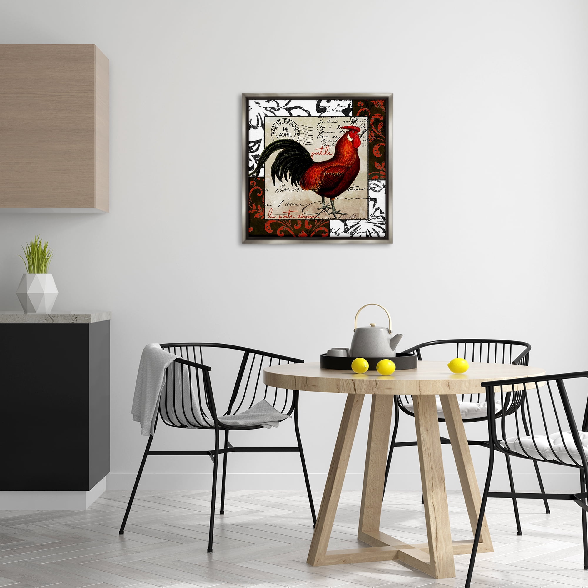 Stupell Industries Rooster & Vintage Post Animals Painting Gray Floater Framed Canvas Art Print Wall Art, 25 x 25