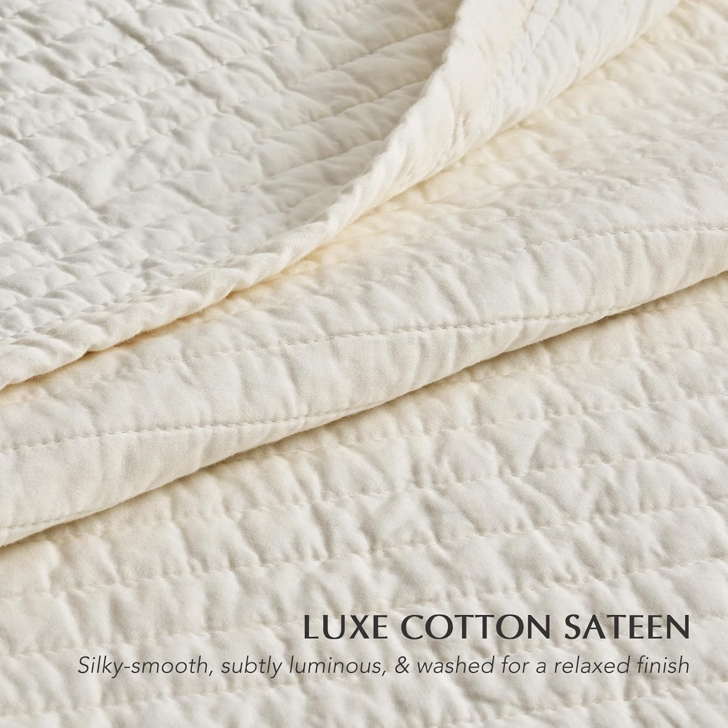 EVERGRACE Cotton Sateen Quilt Set King Size, Pre-Washed Cotton Channel Stitch Coverlet Bedspread, 3 Pieces Lightweight Soft Bedding Sets for All Season, with 2 Pillow Shams, Cream