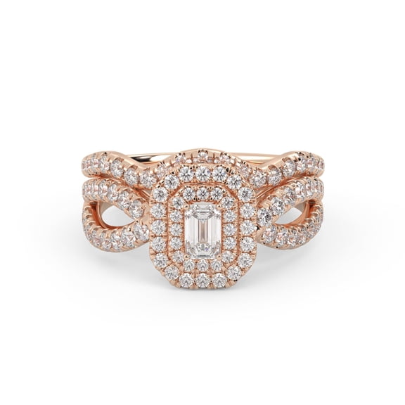 AFFY Twisted Shank Double Halo Bridal Set Ring for Women, Center 5x3mm Emerald and Round Cut Lab Created Moissanite Engagement Wedding Ring in 10K Solid Rose Gold Size-10