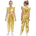 thumbnail image 5 of Haitryli Kids Girls Sparkly Metallic Hip-Hop Jazz Dance Outfit Mesh Patchwork Crop Top and Cargo Pants Set Gold 10, 5 of 6