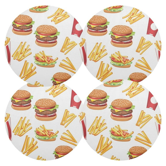 Ryvnso French Fries and Hamburger Round Plate Mats Dining Table Placemat Set of 4 for Holiday Decoration