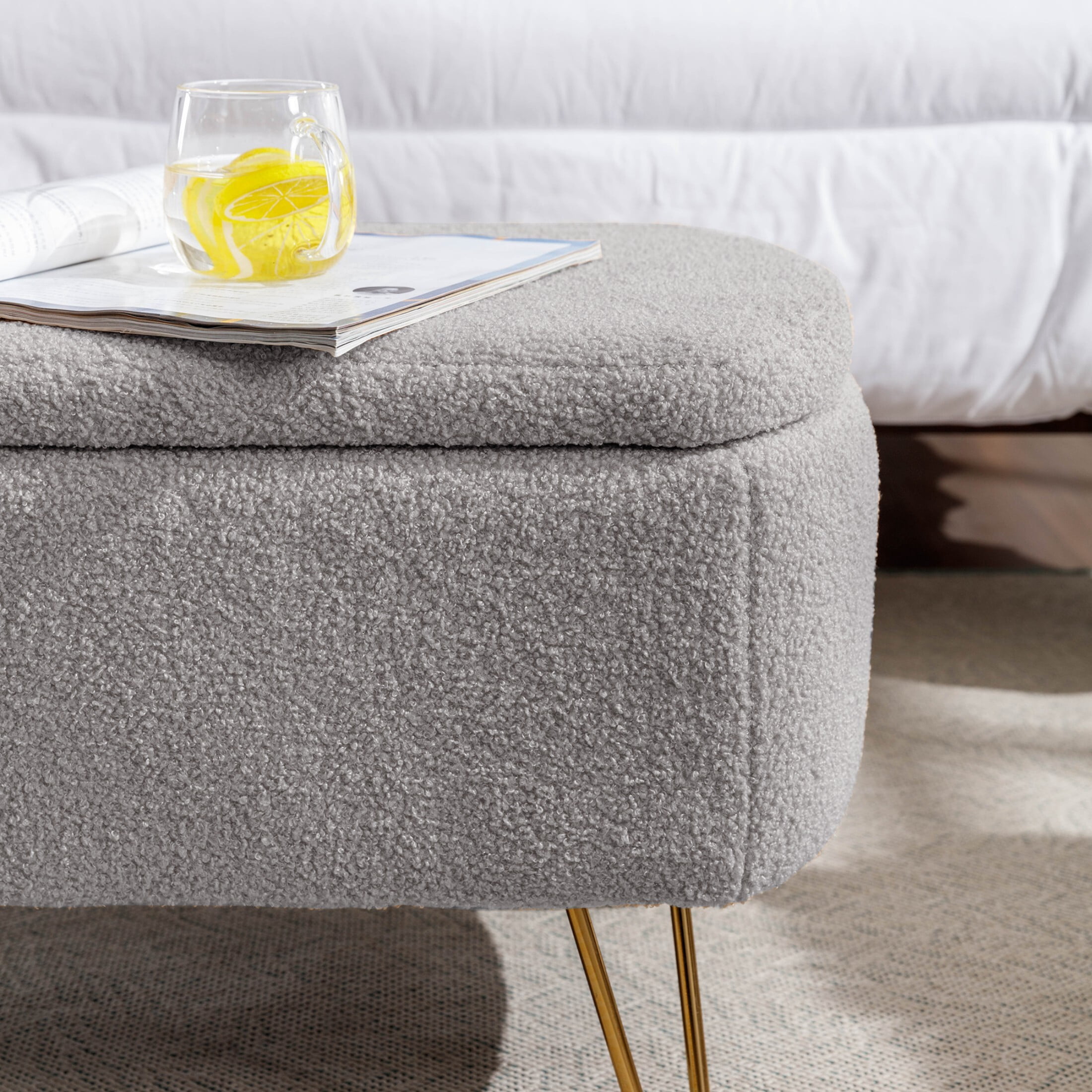 DEALTOPS Stylish Faux Fur Storage Bench, Oval Ottoman with Storage Space and Metal Legs, Gray