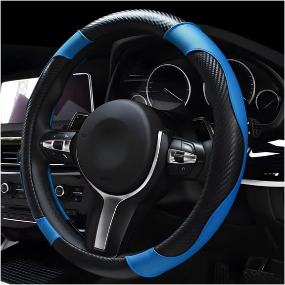 RIONIMA Car Steering Wheel Cover,15In Carbon Fiber Leather Stitching Color Steering Wheel Protector,Anti-Slip Elastic Breathable Steering Wheel Cover Stylish Decor for Most Cars(Black&Blue)
