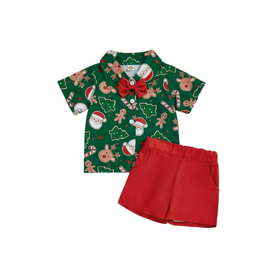 BemeyourBBs Baby Boy Christmas Clothes Cartoon Print Bowtie Shirt Shorts