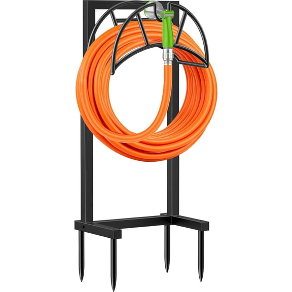 TomCare Garden Hose Holder 4 Spikes Garden Hose Reel Hose Stand Upgraded Water Hose Storage with Tool Hooks Garden Hose Hanger Organizer Holds 160ft Hoses for Outside Yard Lawn, Black