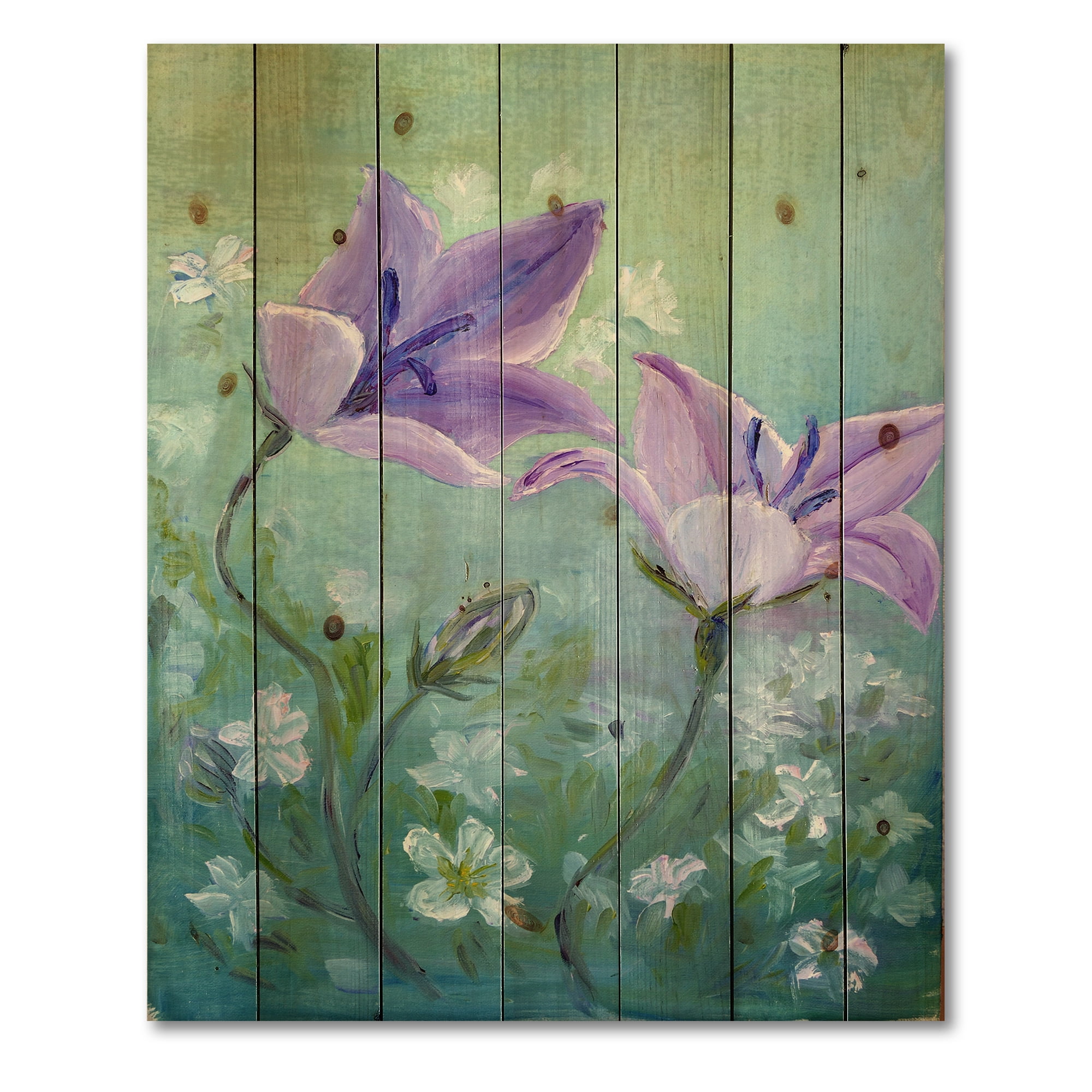 Designart 'Purple Bellflowers Blooming' Traditional Print on Natural Pine Wood