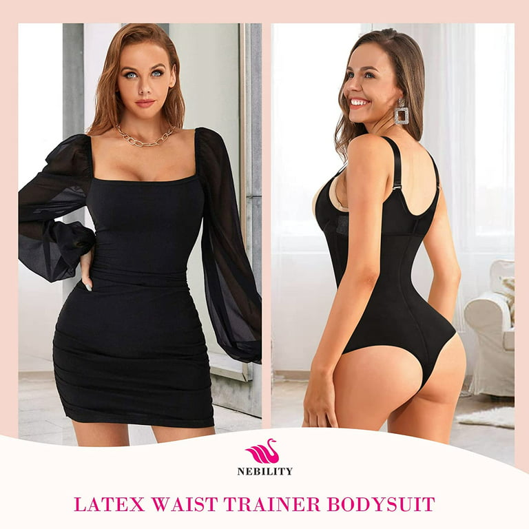 Nebility Women Shapewear Bodysuit Latex Waist Trainer Full Body Shaper  Tummy Control Fajas Colombianas Zipper Open Bust Corset(Black,M) 