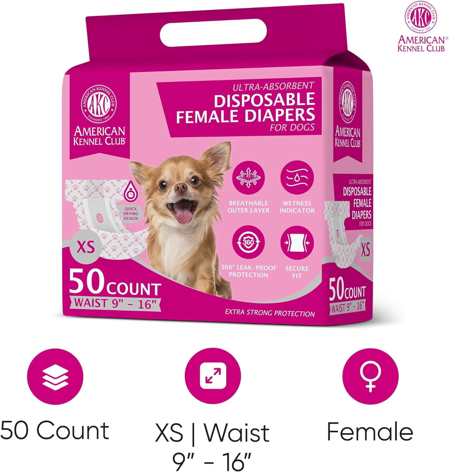 American Kennel Club Female Dog Wrap, Disposable Diapers with Wetness Indicator, X-Small, 50 Count