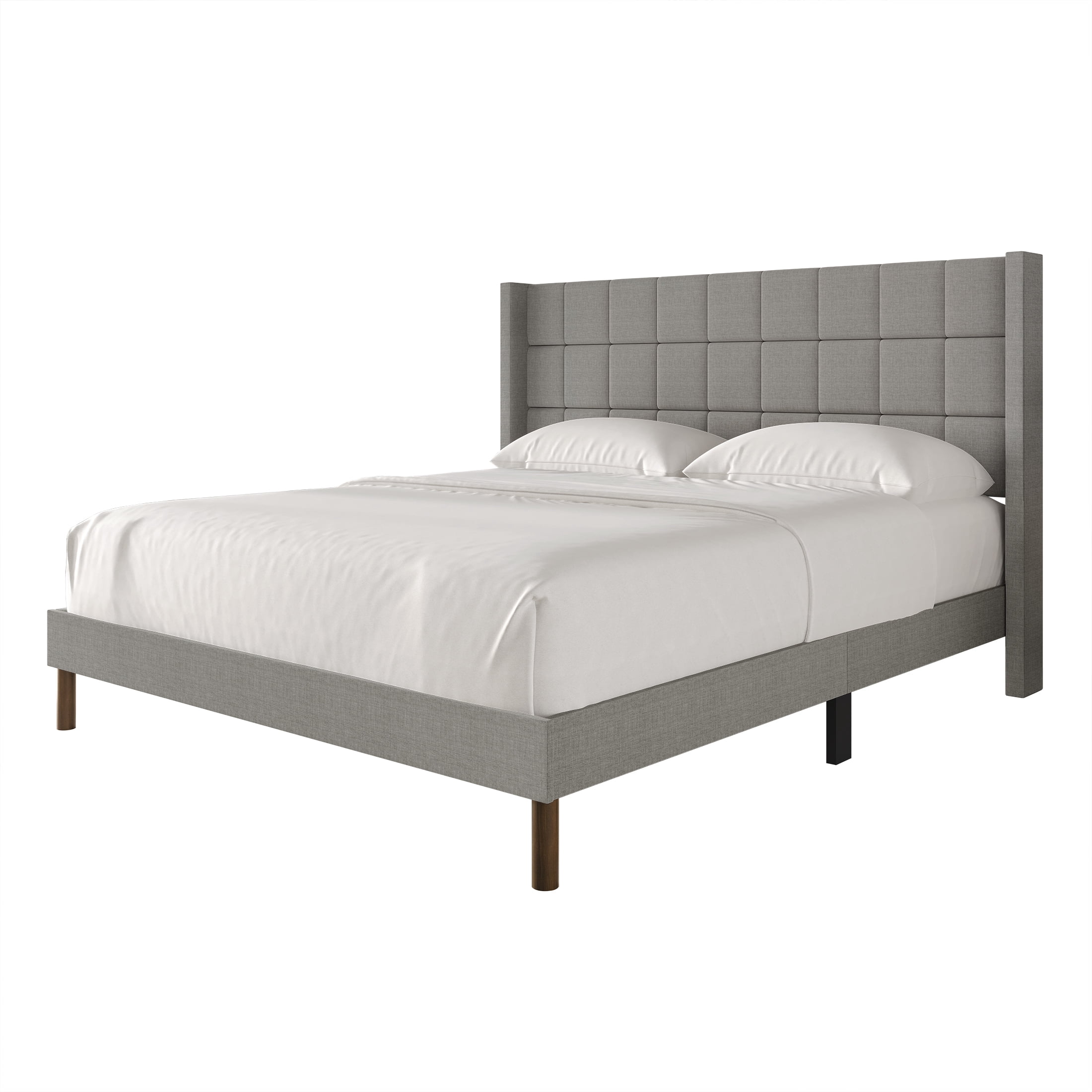 Castle Place Square Grid Stitched Linen Wingback Queen Platform Bed, Light Grey