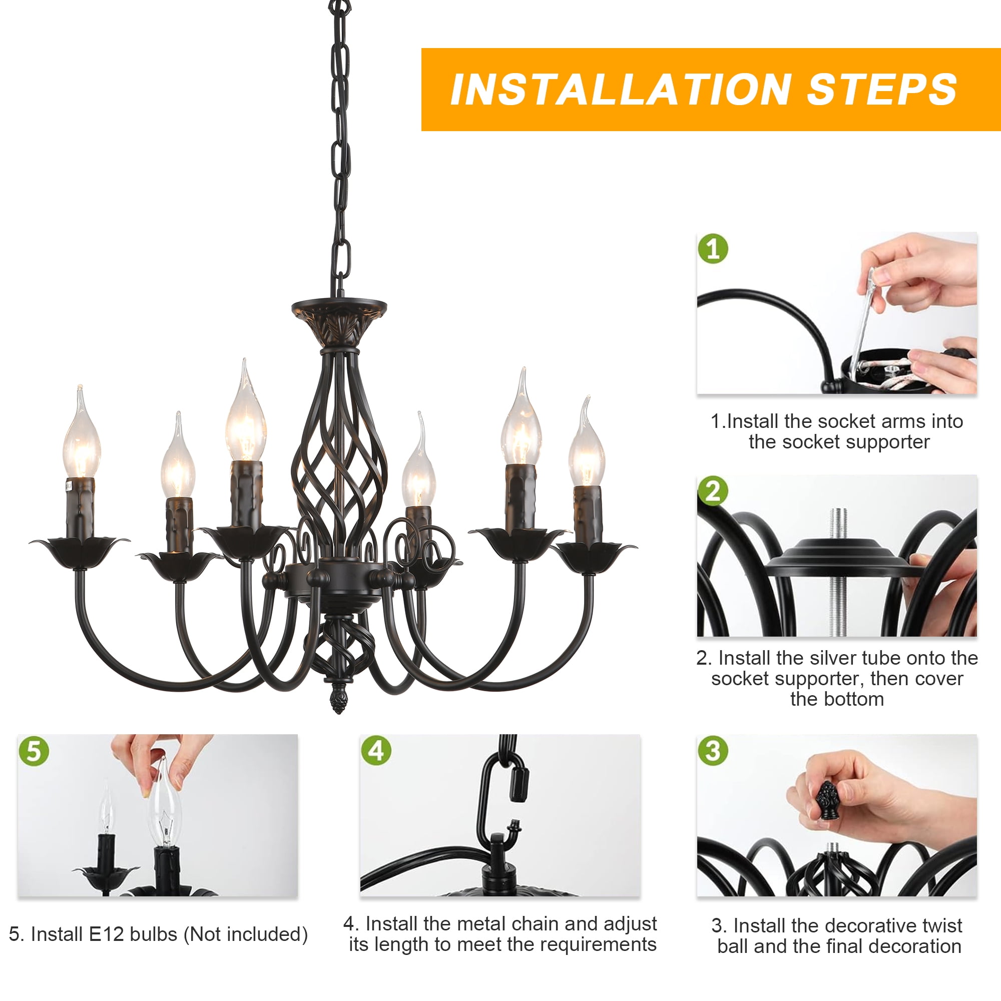Garwarm 22.8 in. 6-Light Vintage French Country Chandelier, Farmhouse Candle Pendant Light Fixture for Kitchen Island Dining Room Living Room