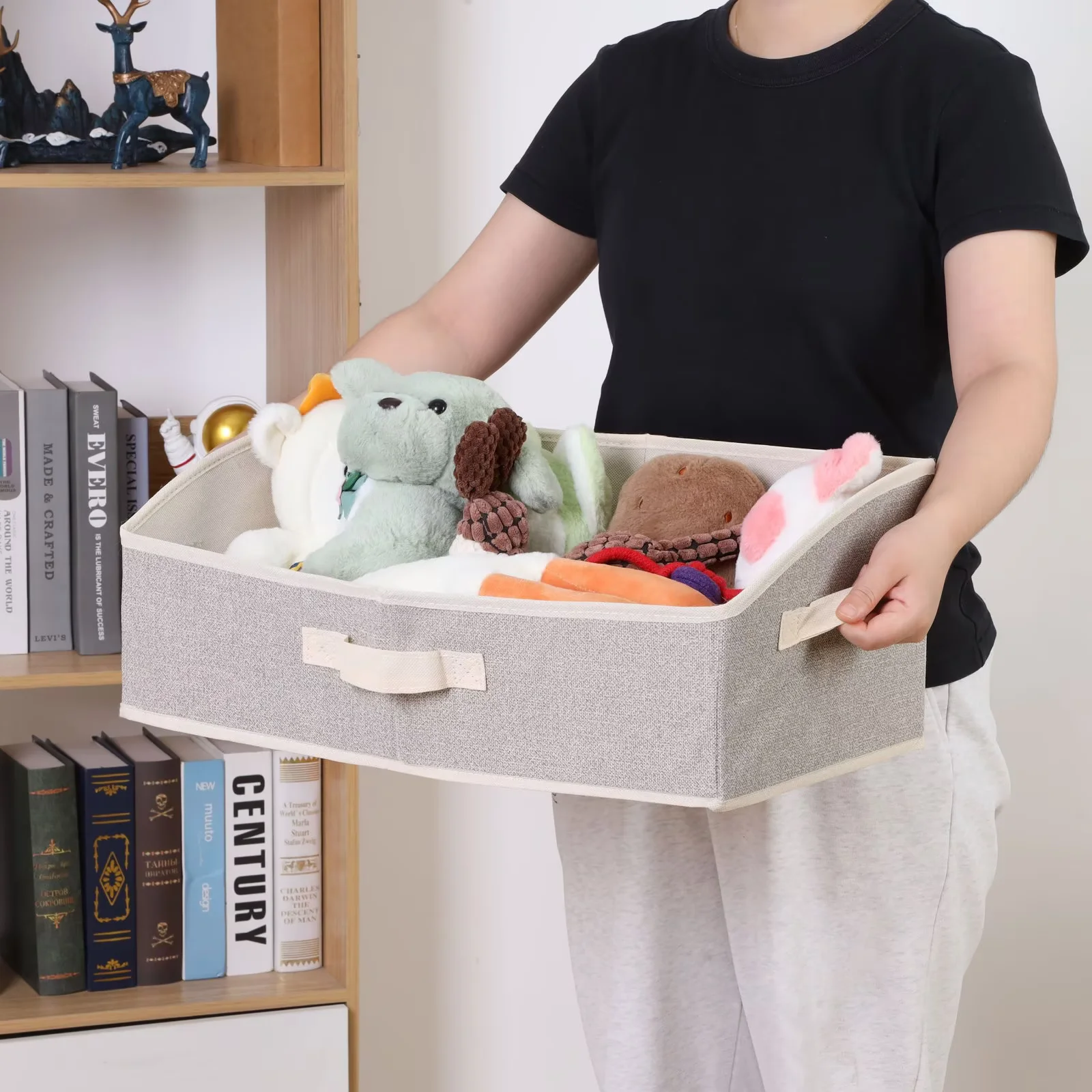 Jumpress 2 Pack Dog Toy Basket, Collapsible Dog Toy Bin with Handle, Fabric Trapezoid Dog Toy Box Storage for Pet Toys,Blankets,Clothes and Accessories (Beige)