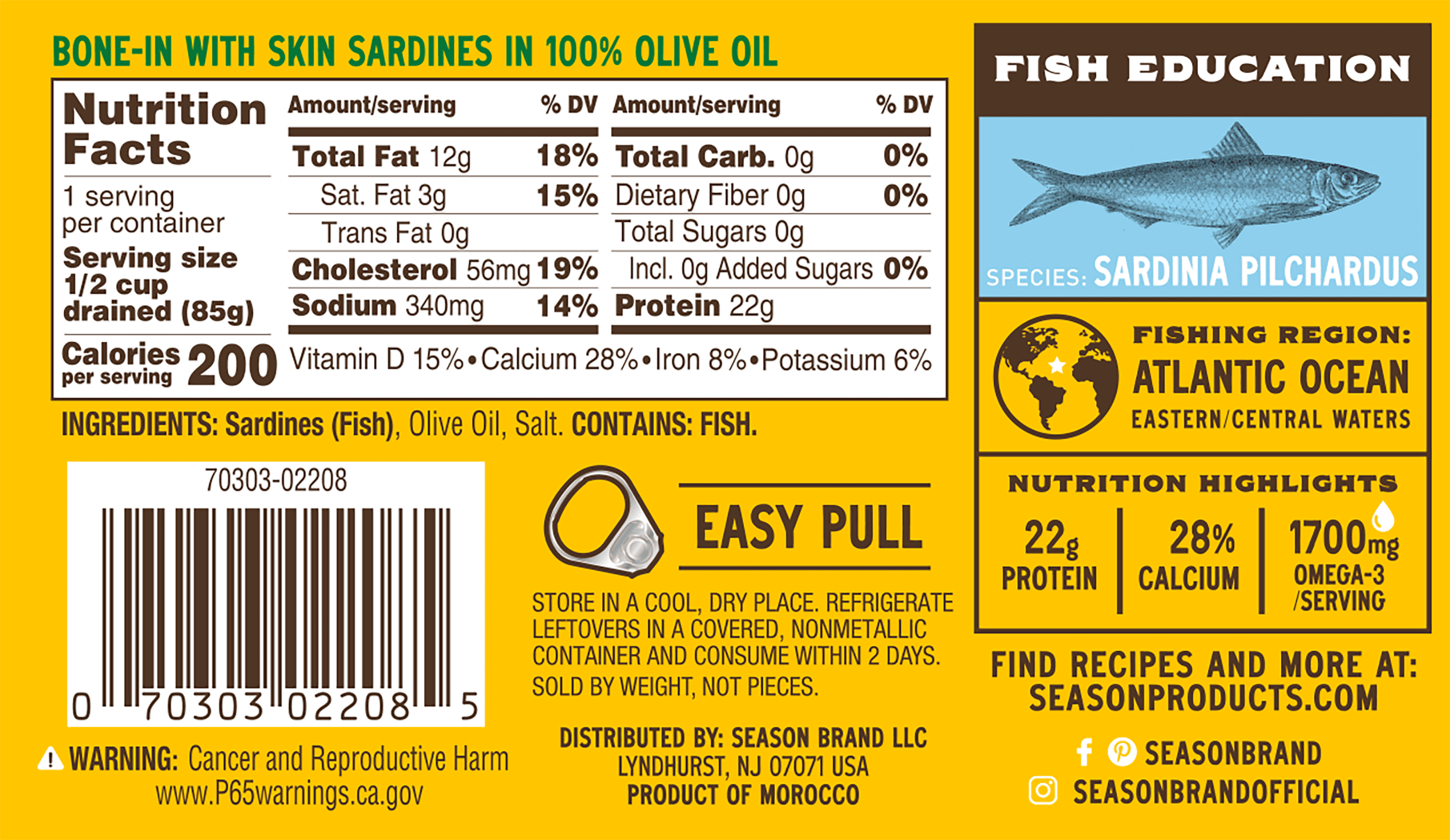 Season Sardines in Olive Oil, Salt Added, 4.375 oz Can
