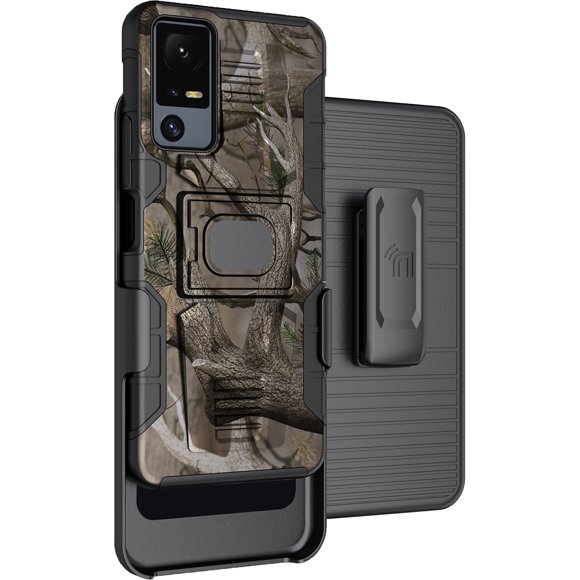 Case with Clip for Jitterbug Smart4 / TCL 40XL, Nakedcellphone Rugged Ring Grip Cover with Stand and [Belt Hip Holster] for Lively Smart 4 Phone (2023, T608G) - Outdoor Camo Tree Design