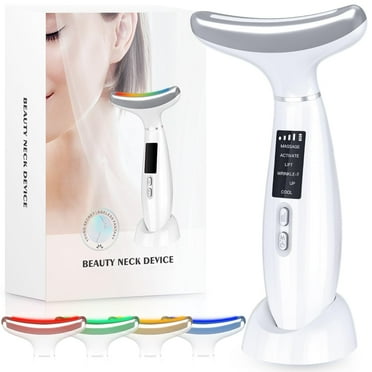 Neck Face Beauty Device, Red Light Therapy for Face and Neck, 4 Color LED Facial Massager Device with Vibrating, Warming Cooling Function, Microcurrent Neck Massager Face Lifting Tool(White)