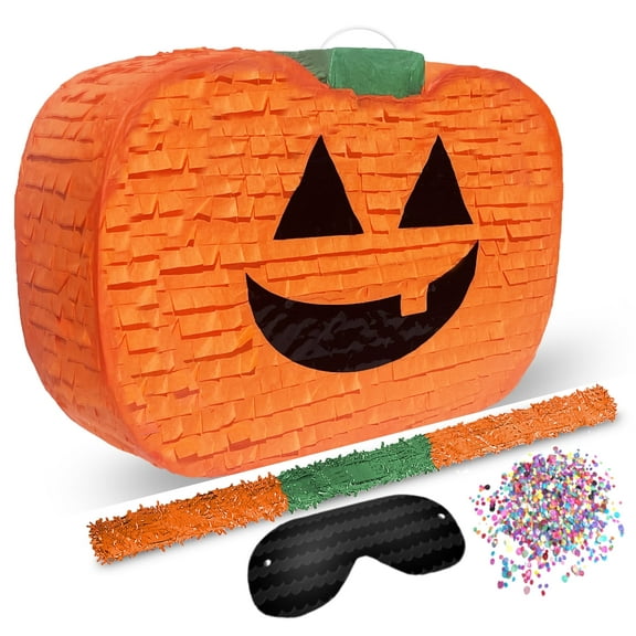 Halloween Pumpkin Pinata with stick 17" x 10" x 5" Perfect for Halloween Party Decorations, Centerpiece, Photo Prop, October Birthday, Funny and Spooky Anniversary - Fits candy/favors