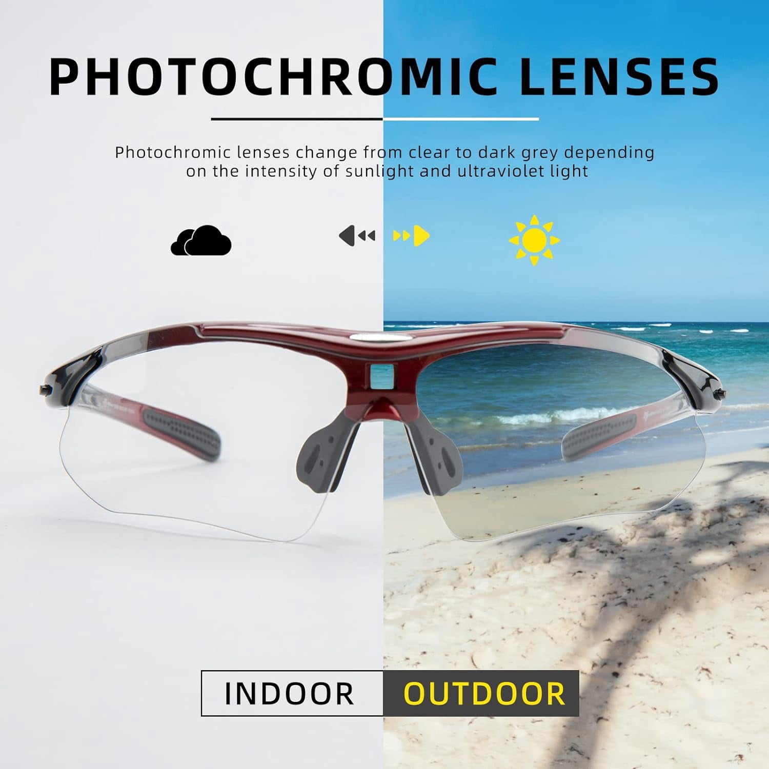 ROCKBROS Photochromic Sunglasses Mens Bike Glasses for Sports Cycling Biking Running Fishing Sunglasses UV Protection