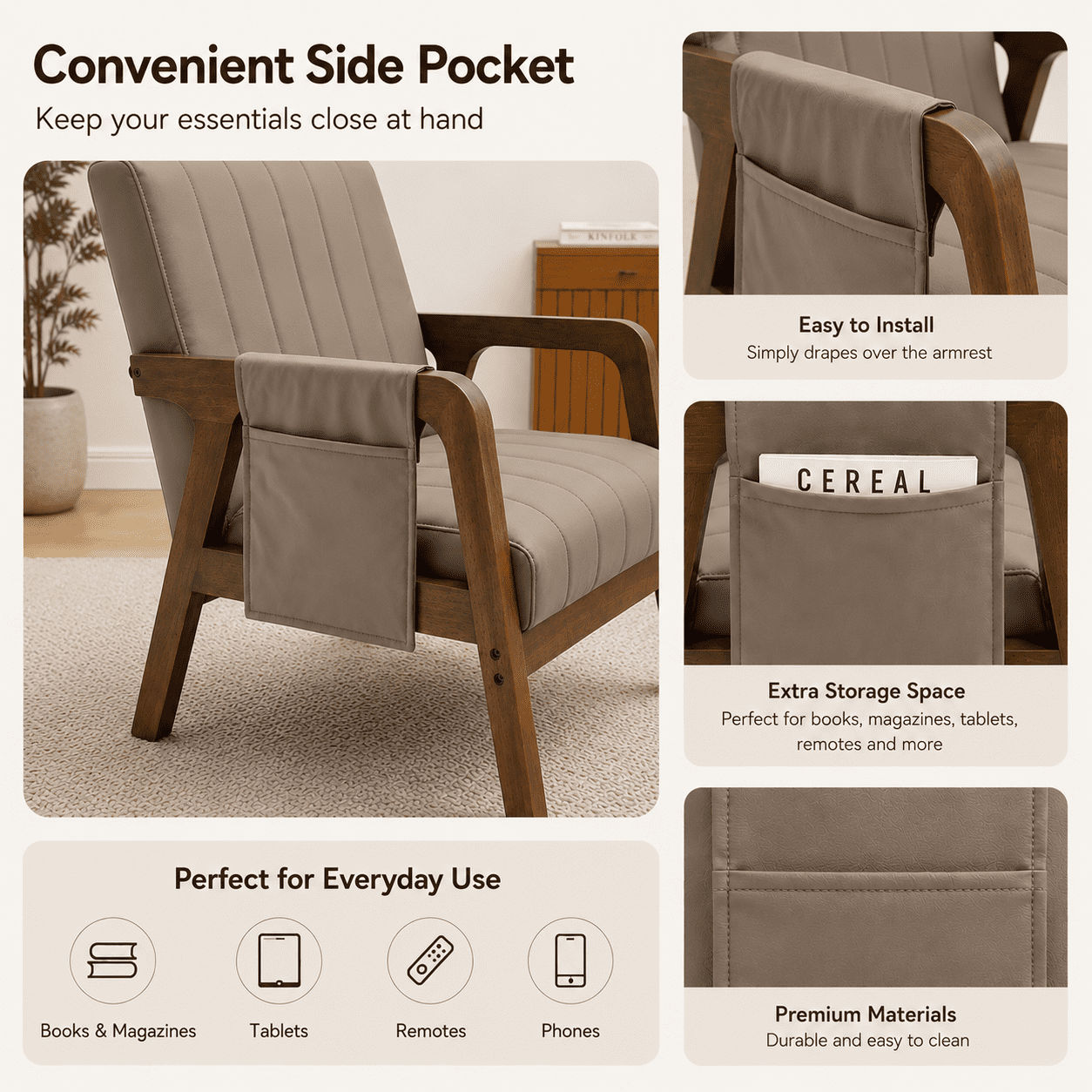 MOONMISS PU Leather Accent Chair,Mid-Century Modern Wood Frame Arm Chair with Side Pocket Cushioned Sofa,Brown