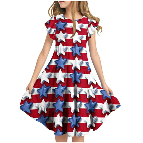 Ugoldhm Girls' Fourth of July Fit & Flare Sundress Star Print, Short Sleeve, Crew Neck for 6-15 Years
