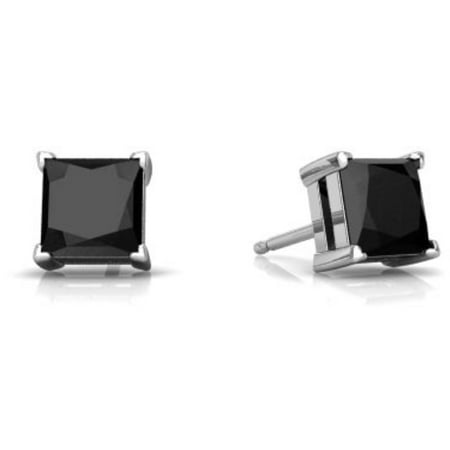 Gold Tone Onyx Earrings - Genuine Black Onyx Princess Cut Stud Earrings 14Kt White Gold
