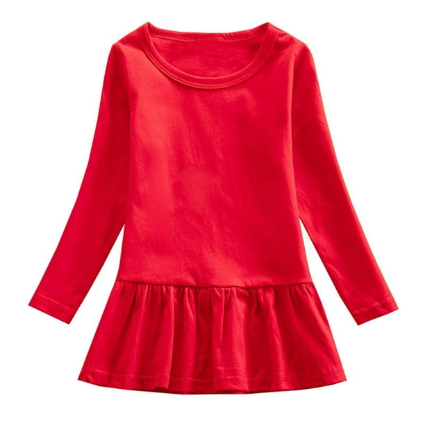 Odeerbi Niñas Primavera Otoño Manga Larga Vestido Volantes Vestido Algodón Color Sólido Cuello Redondo Suelto Vestido Cola de Pez