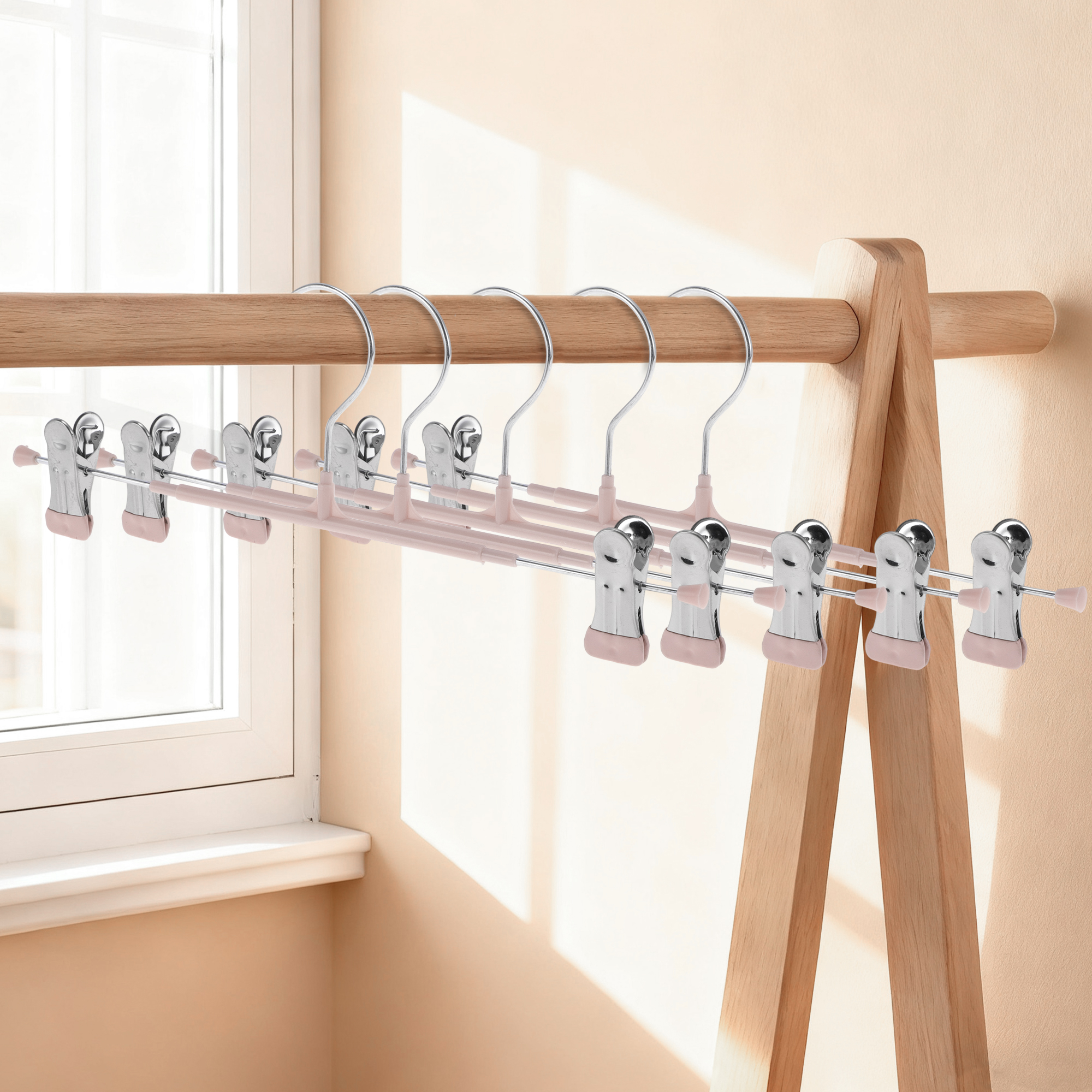 Unique Bargains 5 Pcs Pants Hanger with Clips Non-slip Garment Hanger Apricot