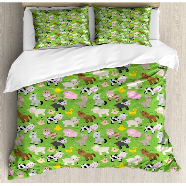 Pig Duvet Cover Set Queen Size, Adorable Creatures Barnyard Themed