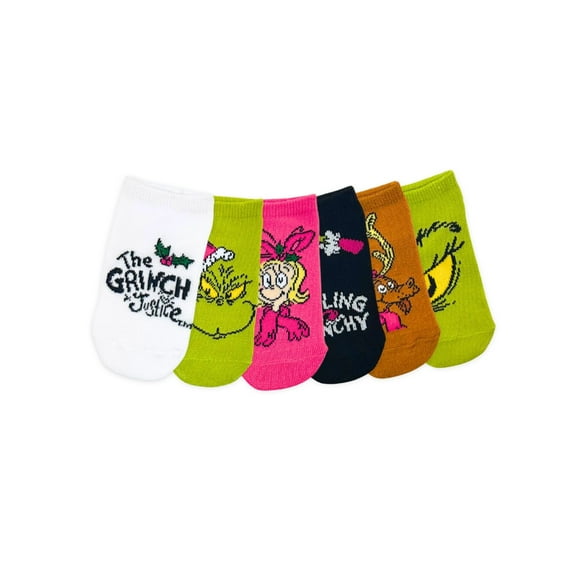 Grinch x Justice Girls No-Show Socks, 6-Pack, Sizes S/M-M/L