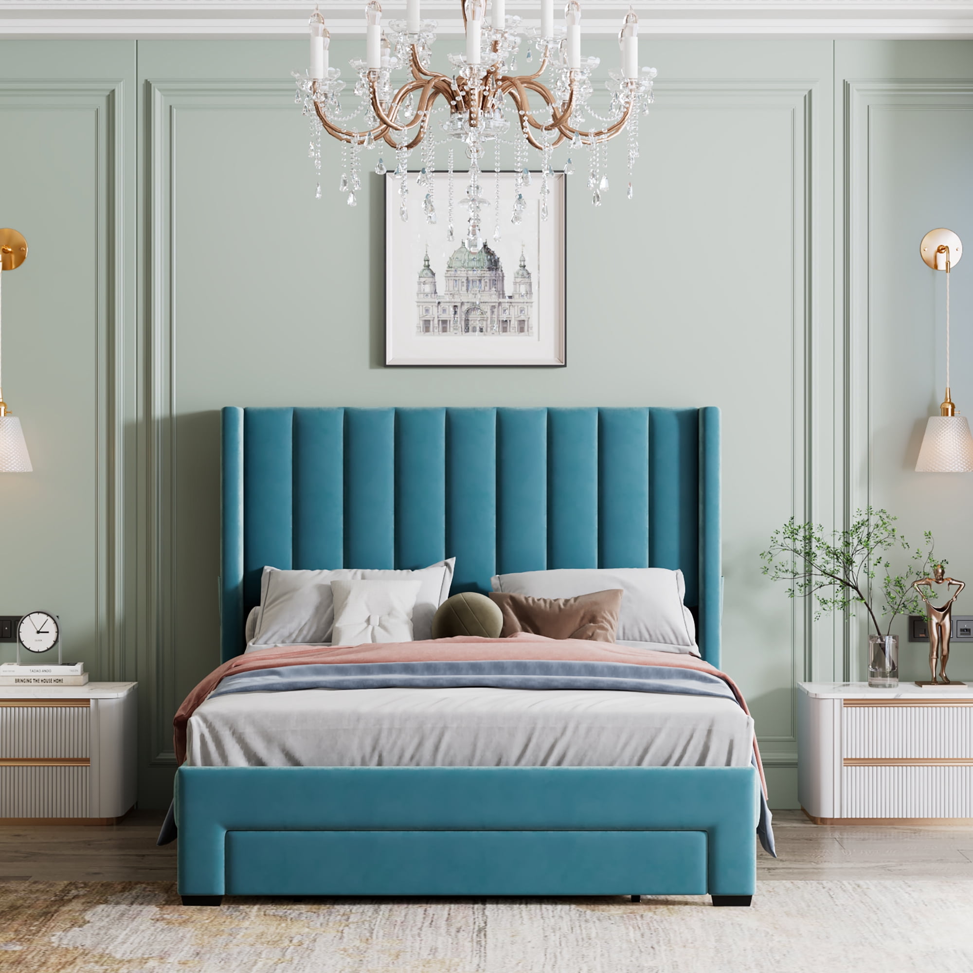 Leumius Full Size Platform Bed with A Storage Drawer,Velvet Upholstered Bed Frame with Wingback Vertical Channel Tufted Headboard,Blue