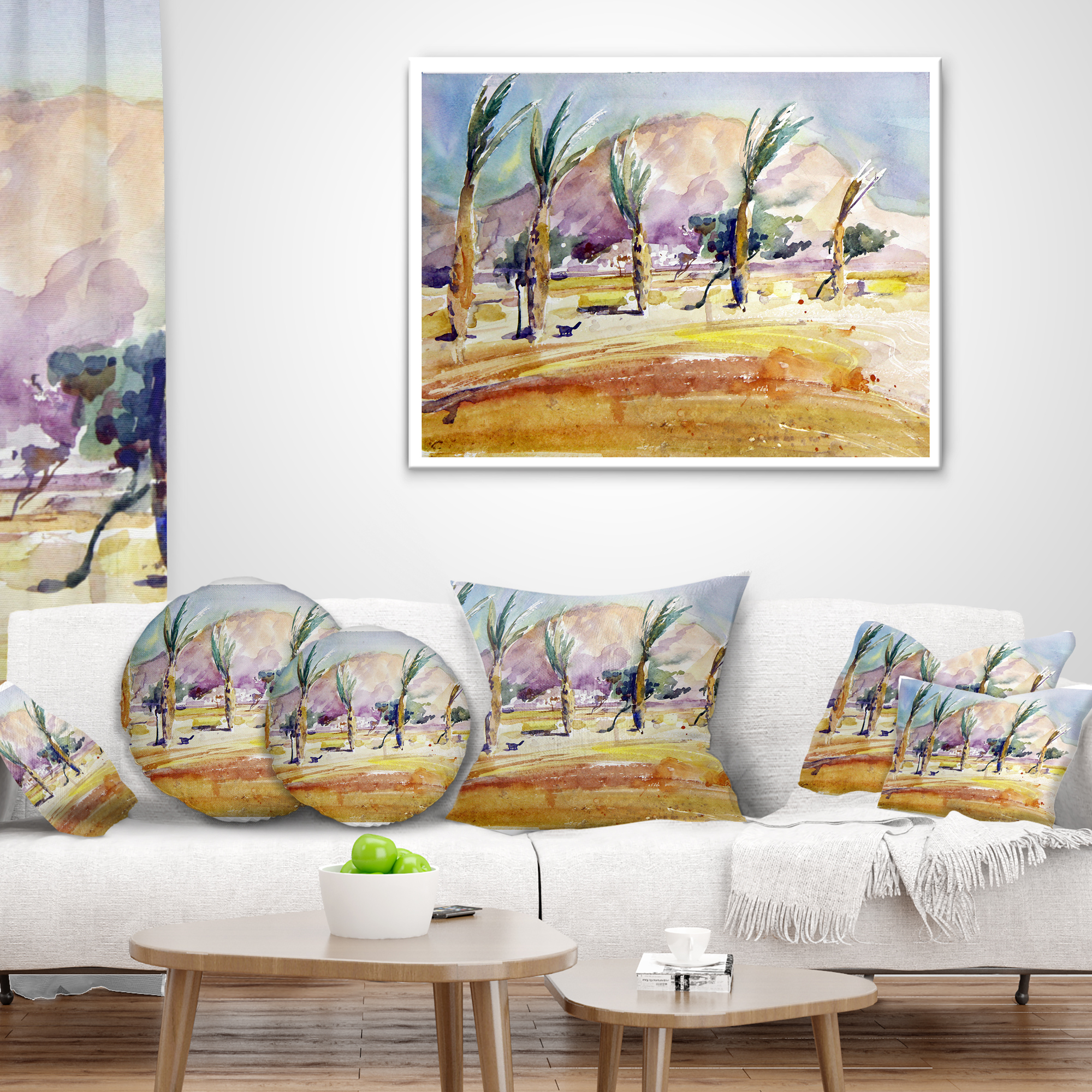 Designart Watercolor Sea and Palm - Landscape Printed Throw Pillow - 12x20