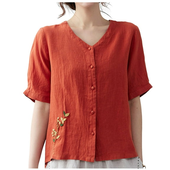 Summer Plus Size Shirts for Womens Cotton and Linen Spring Printed Casual Loose T-Shirt Short Sleeve V-Neck Embroidery Button Tops Cotton And Linen Blouse Gifts for Womens