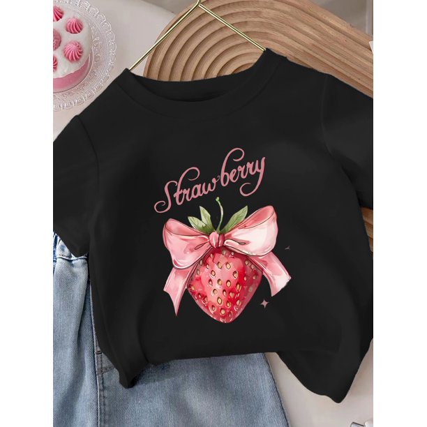 Camiseta de manga corta 100 % algodón para niña, cuello redondo, estampado gráfico de fresa, informal, de verano, en negro con diseño rosa y rojo, transpirable, suave para el día a día, ropa de juego